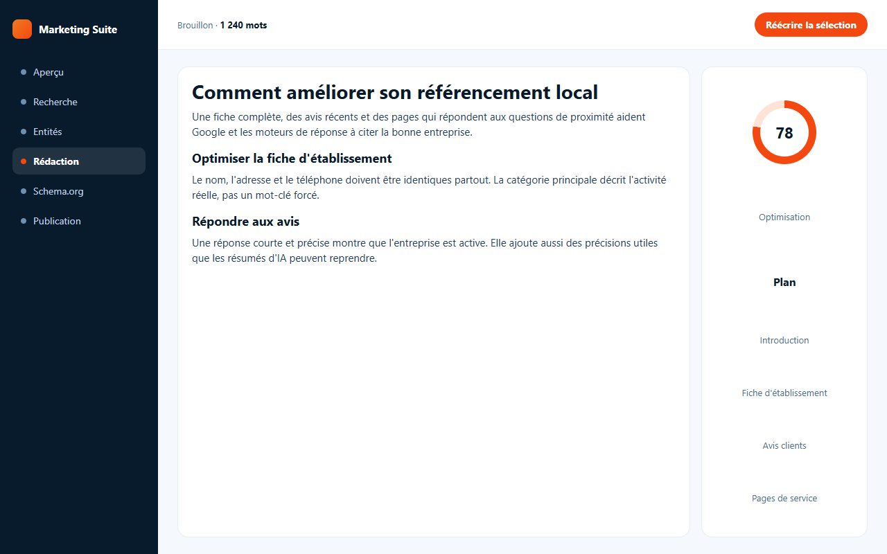 Exemple d'écran : brouillon d'article et score d'optimisation.